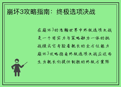 崩坏3攻略指南：终极选项决战